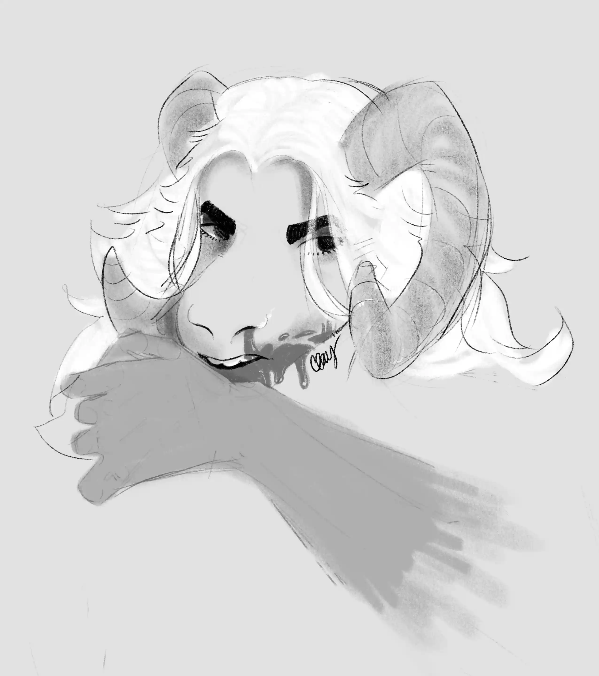 A grayscale digital drawing of Katrina, a ram/goat fursona, with long, flowing white hair and large, curved horns. They have thick, dark eyebrows and a fierce expression with a subtle smirk. Blood is dripping from the side of their mouth. Their muscular arm is raised in front of them, partially obscuring their body, as though in a defensive or aggressive stance. The background is a simple light gray, emphasizing the character’s intense expression and the detailed shading in their hair and horns.
