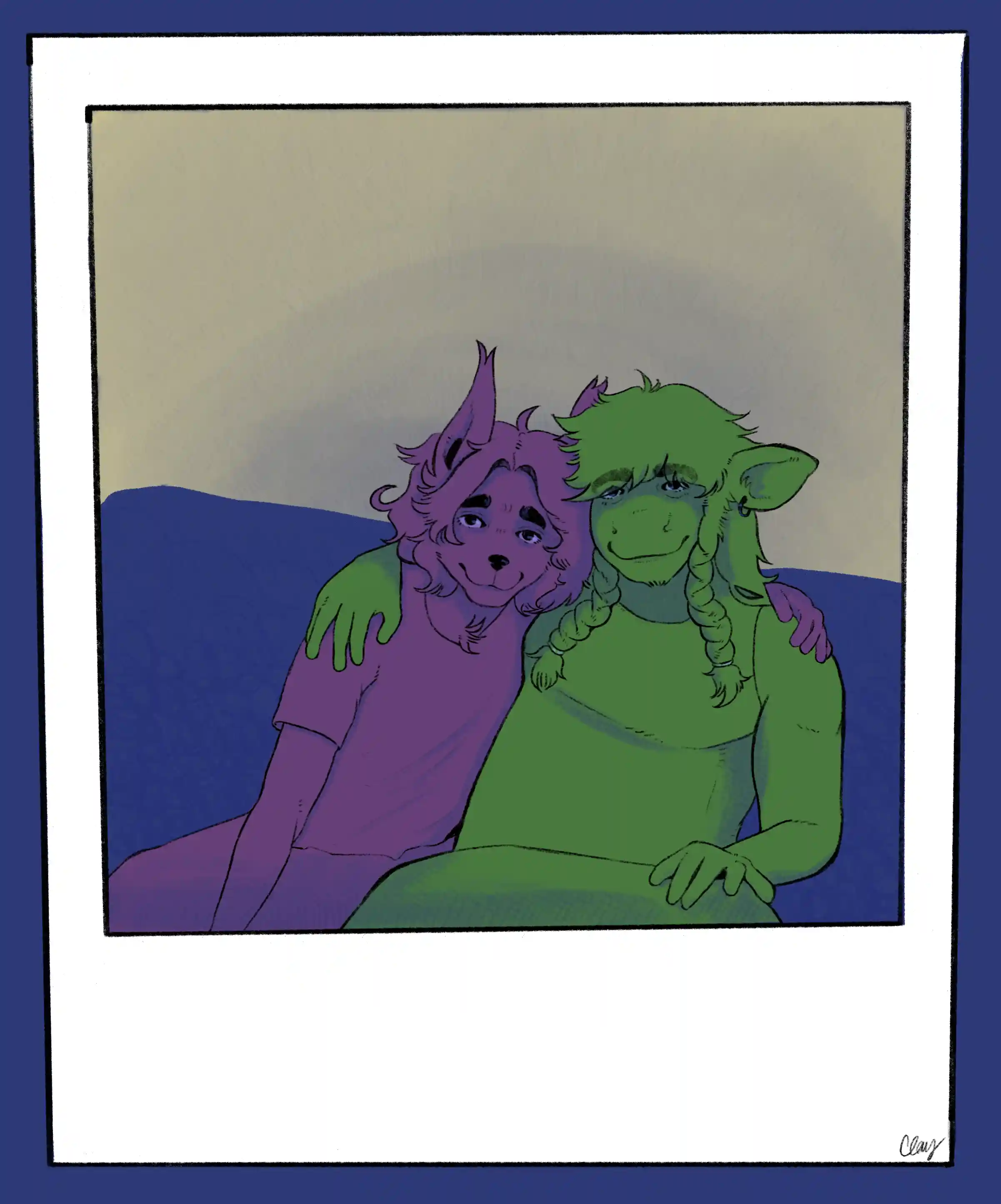 Drex, a lynx fursona, is on the left, and Clay, a cow fursona, is on the right. Drex has their arm around Clay and looking at the camera, while Clay is doing the same. Drex has shoulder-length wavy or curly hair, while Clay has much longer hair and braids that lay on their chest. Drex’s main color is purple, while Clay’s is a complementary green. They are sitting on a piece of furniture that is a complementary blue color, and the wall behind them is another complementary yellow color. The furniture and wall have some zigzag and loop patterns for texture that are lightly visible. Each character also has a slight crosshatch pattern on their shadows. This piece is based off a Polaroid that was taken when Drex came to visit me in Michigan.