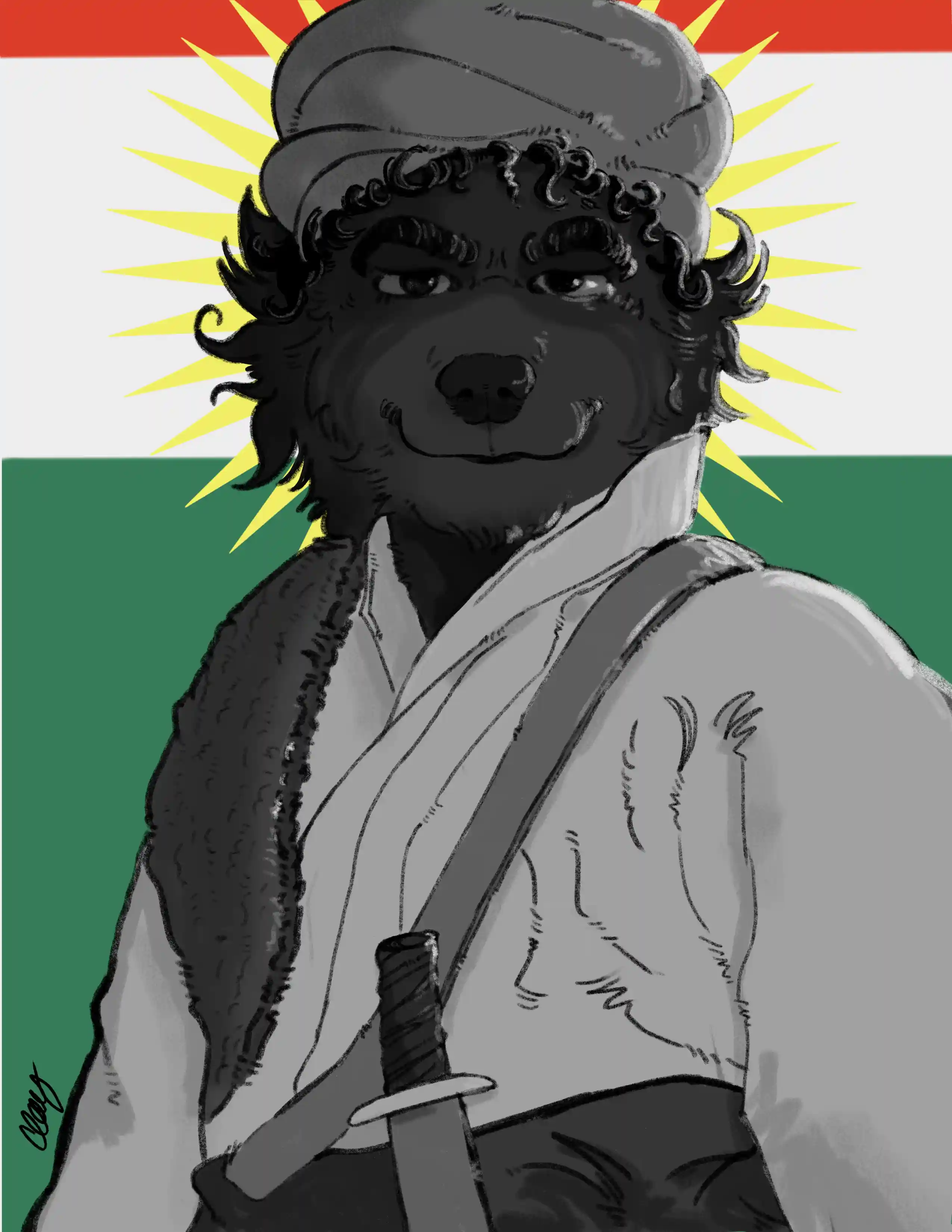 Yado, a wolf fursona, is in the center with dark fur, curly hair and a confident expression . They are depicted wearing traditional Kurdish attire. They are dressed in a white, loose-fitting shirt with long sleeves and a dark, fur-lined vest draped over one shoulder. A sash crosses their chest, securing a sheathed dagger at their waist. The character also wears a large, wrapped turban on their head. Behind them is the Kurdish flag, featuring red, white, and green horizontal stripes with a yellow sun emblem in the center. The art is stylized with a grayscale palette for the character, contrasting against the vibrant background.