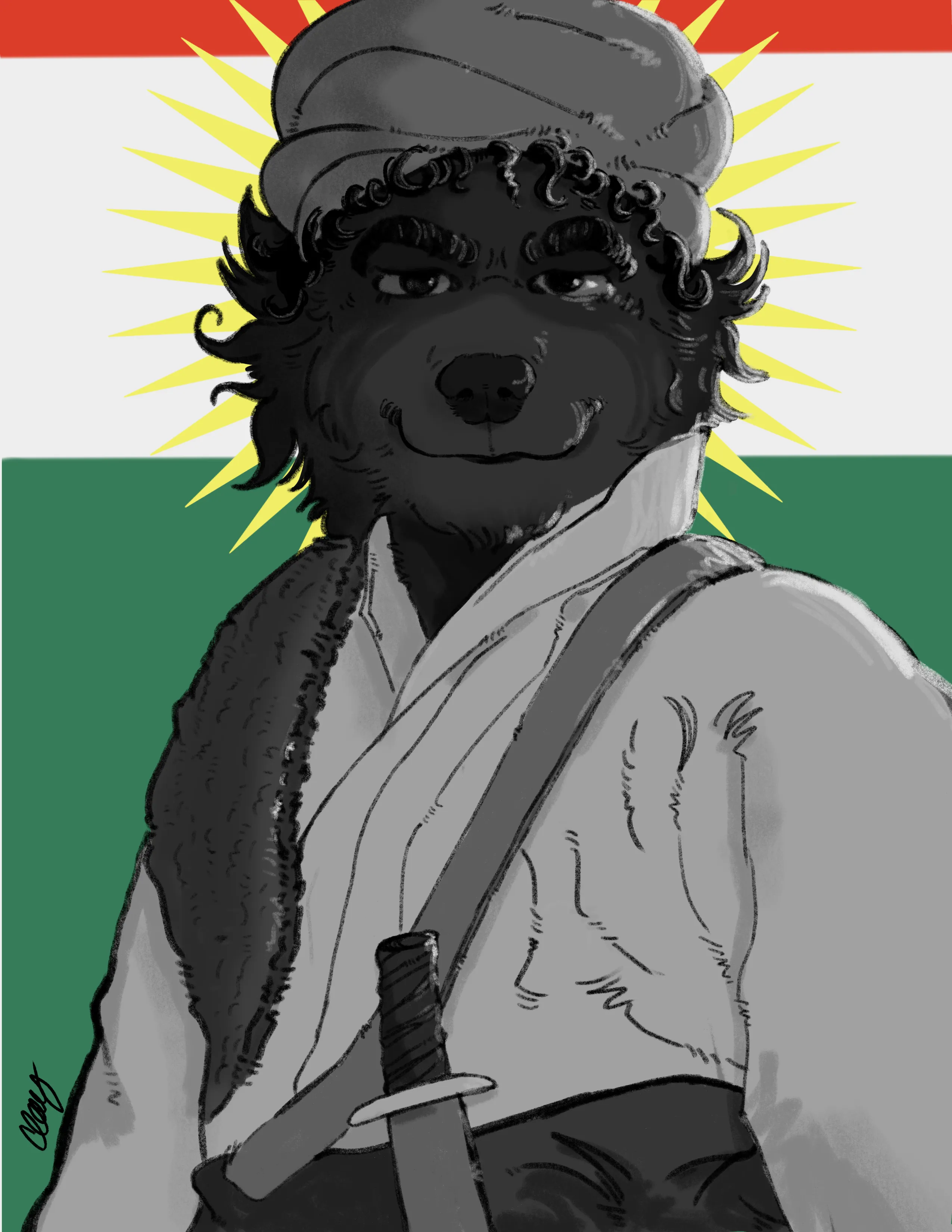 Yado, a wolf fursona, is in the center with dark fur, curly hair and a confident expression . They are depicted wearing traditional Kurdish attire. They are dressed in a white, loose-fitting shirt with long sleeves and a dark, fur-lined vest draped over one shoulder. A sash crosses their chest, securing a sheathed dagger at their waist. The character also wears a large, wrapped turban on their head. Behind them is the Kurdish flag, featuring red, white, and green horizontal stripes with a yellow sun emblem in the center. The art is stylized with a grayscale palette for the character, contrasting against the vibrant background.