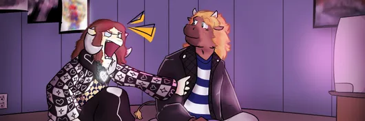 Pulled from my Bluesky banner. Shows my fursona, Clay, and another fursona, Enopion, playing video games. Art was done by Enopion.